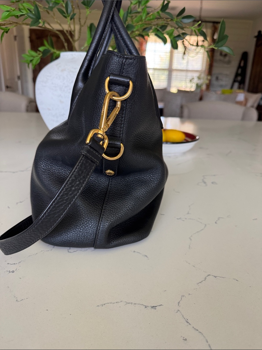 Prada Black Pebbled Leather Satchel with Gold Logo and Strap - Picture 5 of 14